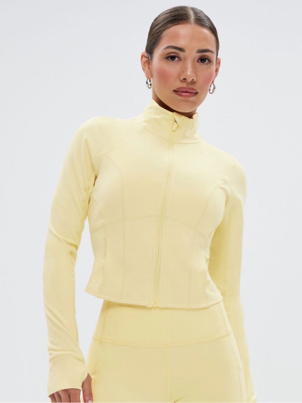 Fabletics butter yellow perfect storm cropped train jacket